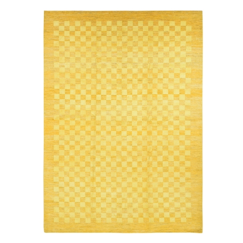 Royal Yellow, Modern Gabbeh with Checker Board Design Tone on Tone, Pure Wool Hand Knotted, Oriental 