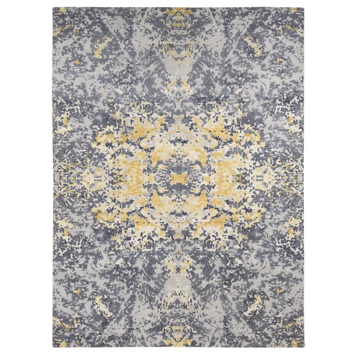 Ash Gray, Modern Abstract Design, Wool And Silk Hand Knotted, Oriental Rug