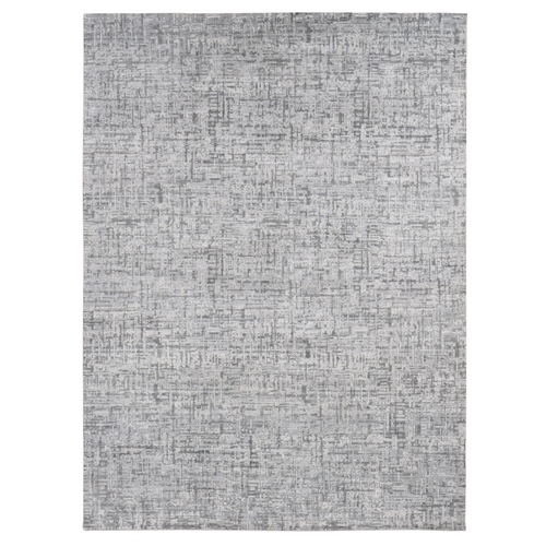 Medium Gray, THE MATRIX Design, Pure Silk with Textured Wool, Tone on Tone, Hand Knotted, Oriental Rug