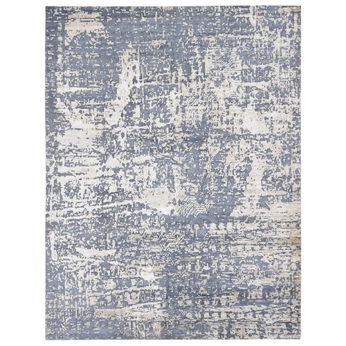 Ash Gray, Wool And Silk Abstract Design Oriental Hand Knotted Oriental Rug 