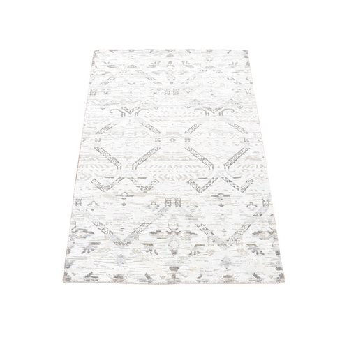 Gray, Modern Design with Geometric Pattern, Pure Silk with Textured Wool Hand Knotted, Oriental Rug