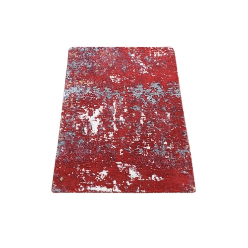 Red, Modern Design With Abstract Design Densely Woven, Wool and Silk Hand Knotted, Mat Oriental 