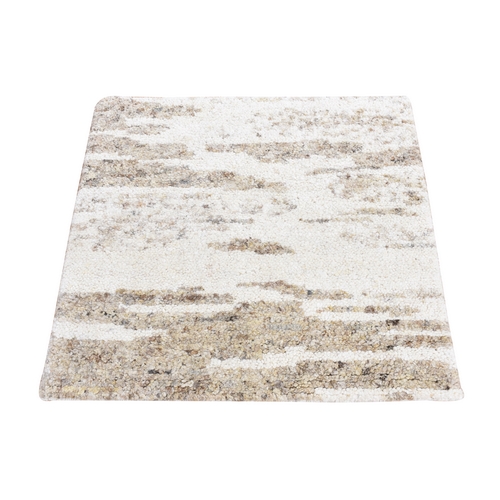 Earthtone Colors, Modern Minimalist Design Plush Pile, Organic Undyed Natural Wool Hand Knotted, Square Oriental Rug