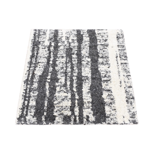 Olive Black, Modern Vertical Broken Stripe Design, Plush Pile Organic Undyed Wool, Hand Knotted Square Oriental Rug