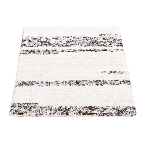 Dark Brown and Ivory, Organic Undyed Wool Hand Knotted, Striae Design Thick and Plush, Square Oriental Rug