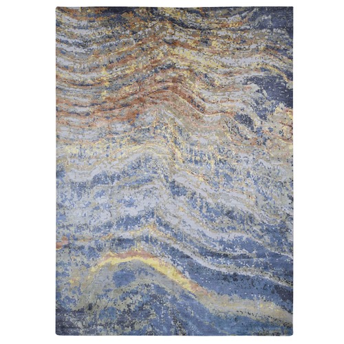 Jet Gray, Modern Abstract with Mountain Design, Pure Wool and Silk Hand Knotted, Oriental Rug
