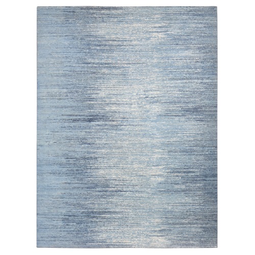 Oceanic Blue, Modern Striae Design, Pure Wool Hand Knotted, Oriental 