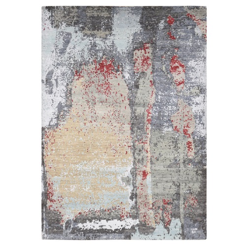 Platinum Gray, Abstract Design, Denser Weave Pure Wool Hand Knotted, Oriental Rug