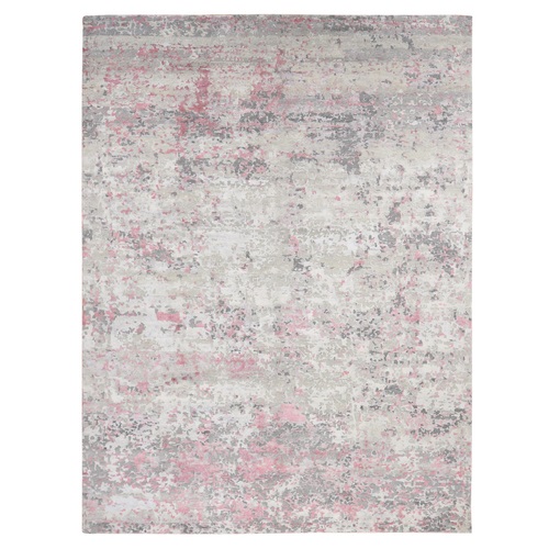 Eggshell White, Modern Abstract Design, Engraved Wool and Silk Pile, Hand Knotted, Oriental Rug