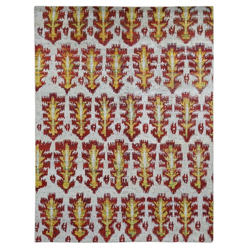 Ivory, Thick, Man Made Silk, Geometric Repetitive Colorful Tribal Motif, On Clearance, Modern Ikat Design, Hand Knotted, Oriental 