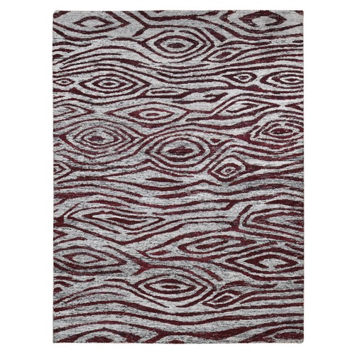 Vermilion Red, Thick, Man Made Silk, Modern Repetitive Colorful Tree Bark Motif with Abrash, Cropped Pile, Hand Knotted, Oriental 