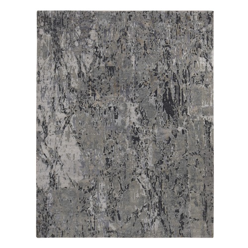 Battleship Gray, Wool and Silk, Modern Abstract Design, Hand Knotted, Oriental Rug
