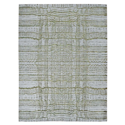 Gray Fine Jacquard Hand Loomed, Modern Broken Criss Cross Line Design with Greens, Wool And Silk, Hand Knotted, Oriental 