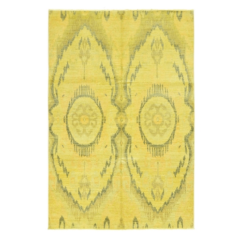 Overdyed Yellow Cast, Uzbek Ikat Design, Pure Wool Hand Knotted, Oriental 