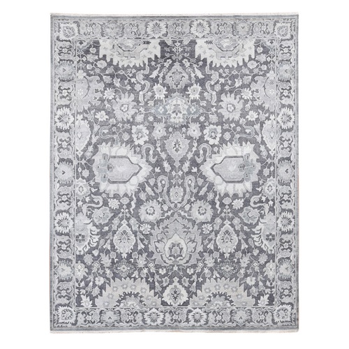 Thunder Gray, Hand Knotted Oushak Influence Silk with Textured Wool Oriental Rug