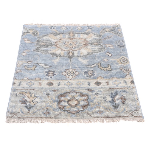 Bluish Gray, Oushak Design with Soft Colors Fragment Sample, Pure Wool Hand Knotted, Square Oriental Rug
