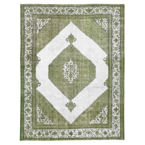 Olive Green, Vintage Persian Tabriz Open Field Medallion Design, Hand Knotted, Pure Wool Oriental Rug