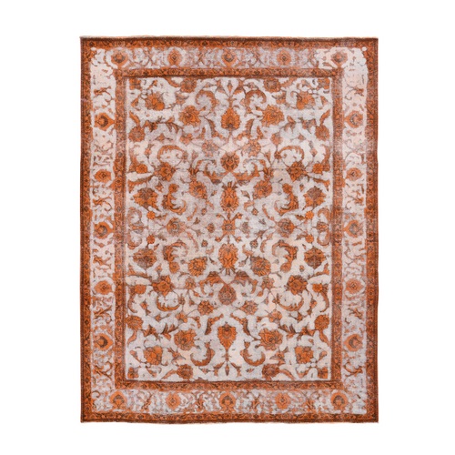 Vivid Orange, Overdyed Vintage Persian Tabriz Barjasta Design, Soft Wool Hand Knotted, Oriental Rug