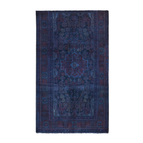Blue Overdyed Nahavand Design, Worn Wool Hand Knotted, Oriental 