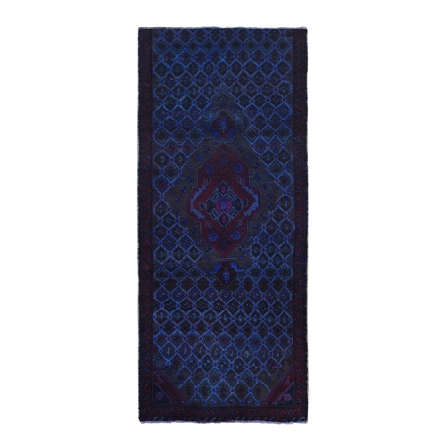 Midnight Blue, Overdyed Vintage Persian Hamadan with Large Medallion, Hand Knotted Soft Wool, Wide Runner Rug