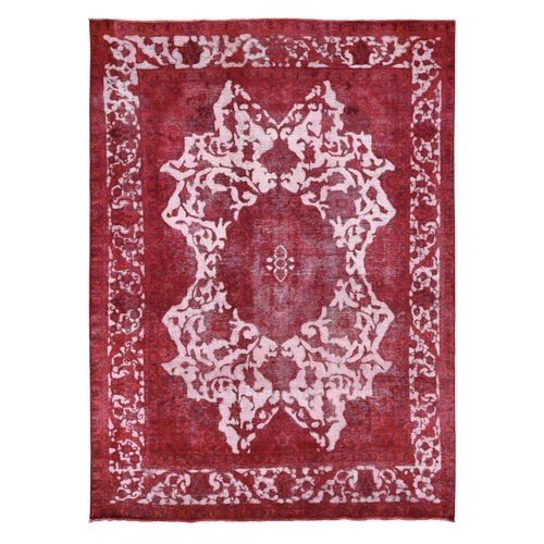 Crimson Red, Overdyed Vintage Persian Tabriz Barjasta Design, Pure Wool Hand Knotted, Oriental Rug