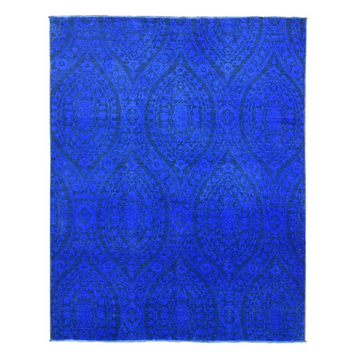 Saturated Blue, Hand Knotted Soft Wool, Overdyed With Large Mughal Design, Oriental Rug