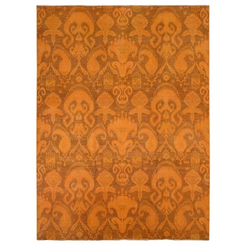 Hand Knotted Pure Wool, Orange Cast Overdyed Ikat Oriental Rug