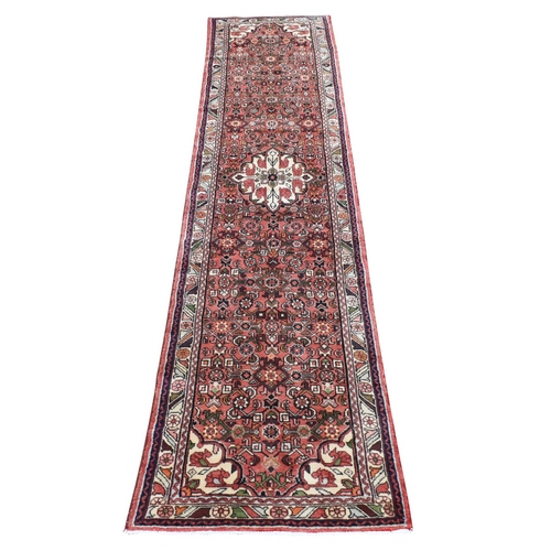 Blush Red, Persian Hussainabad, Hand Knotted, Pure Wool, Narrow Runner Oriental 
