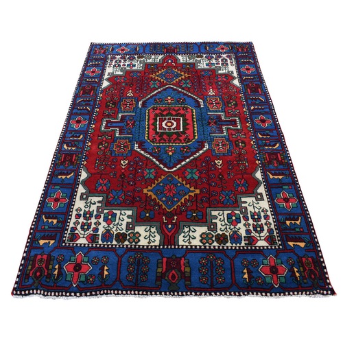 Barn Red, Persian Nehevand with Bold Geometric Medallion, Hand Knotted Pure Wool, Clean and Shiny, Oriental 