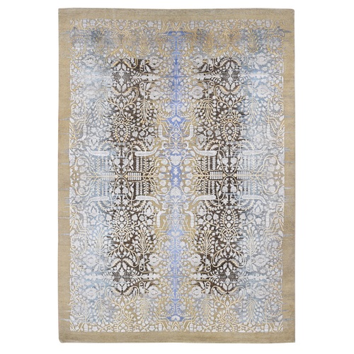 Gold Brown, Transitional Sarouk Design, Silk with Textured Wool Hand Knotted, Oriental Rug