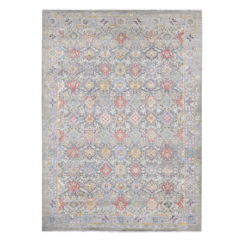 Cloud Gray, THE SUNSET ROSETTES, Pure Silk and Wool Hand Knotted, Oriental Rug