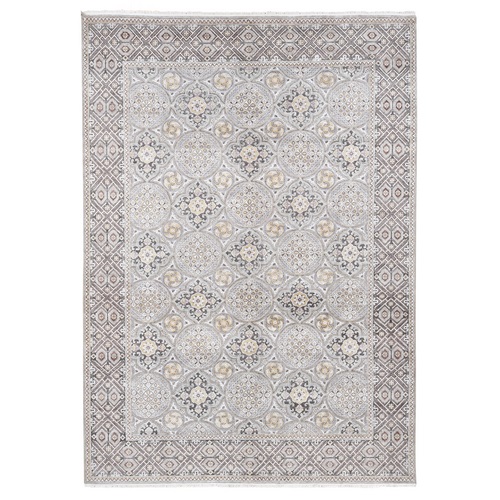 Ivory, Mughal Inspired Medallions Design, Silk and Textured Wool Hand Knotted, Oriental Rug