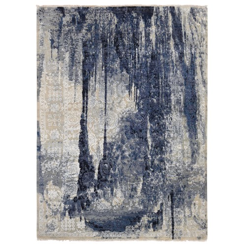 Ivory with a Mix of Navy Blue, Wool and Silk, Shibori Design, Tone on Tone, Hand Knotted, Oriental Rug