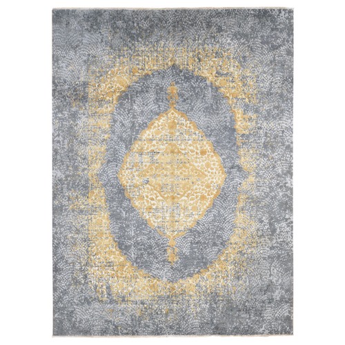 Gray and Gold, Persian Large Medallion Design, Wool and Pure Silk Hand Knotted, Oriental Rug