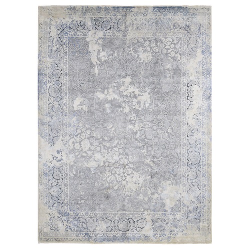 Ash Gray, Broken Kashan Design Wool with Pure Silk Hand Knotted, Oriental Rug