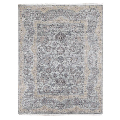 Light Green, Pure Silk with Textured Wool Mughal Design Hand Knotted Oriental Rug