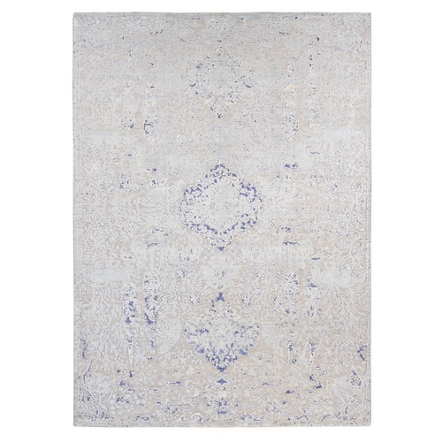 Arctic Blue, Diminishing Cypress Tree with Medallion Design, Silk with Textured Wool Hand Knotted, Oriental Rug