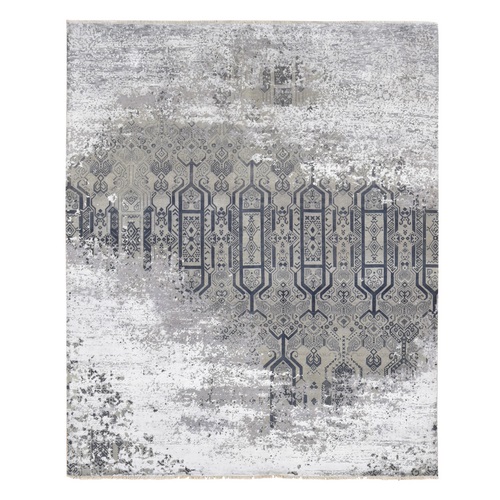 Agreeable Gray, Dense Weave Broken and Erased Geometric Design, Art Wool and Silk Hand Knotted, Oriental Rug