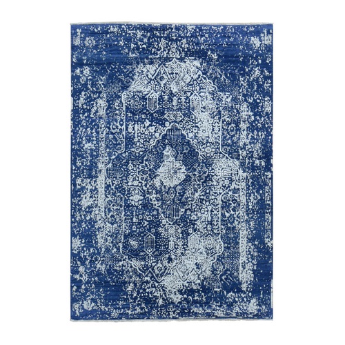 Yale Blue, Wool and Silk, Hand Knotted, Broken Persian Design, Oriental 