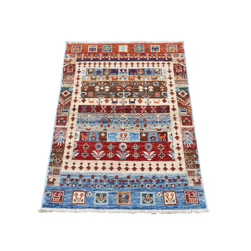 Yale Blue, Pictorial Gabbeh Kashkuli, Pure Wool Hand Knotted, Oriental Rug