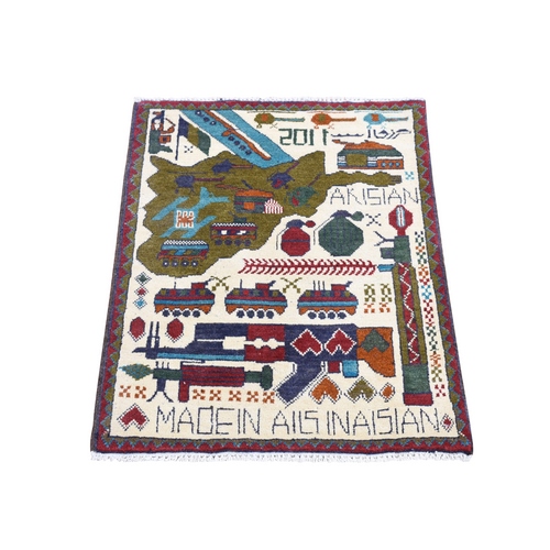 Ivory, Collectible, Afghan War Design, Tanks, Guns, Grenades, Choppers, Pure Wool Hand Knotted, Russian Invasion, Mat Oriental Rug