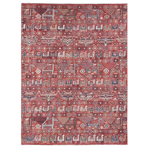 Imperial Red, Antiqued Caucasian Akstafa Design with Ancient Animal Figurines, Hand Knotted Pure Wool, Oriental 