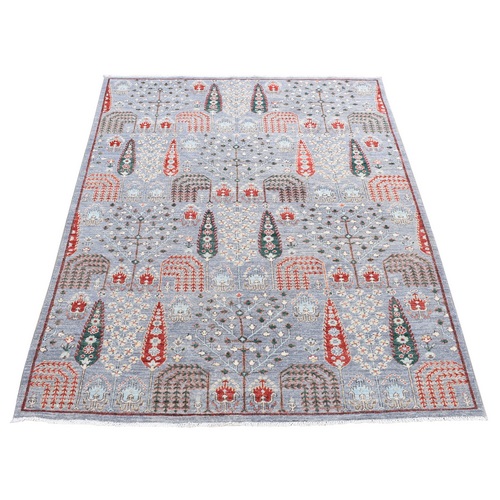 Cadet Gray, Afghan Peshawar with Willow and Cypress Tree Design, Soft Wool Hand Knotted, Oriental 