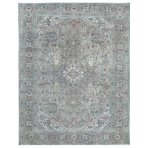 Gray Semi Antique Persian Tabriz Hand Knotted Worn Wool Sheared Low Shabby Chic Distressed Look, Oriental 
