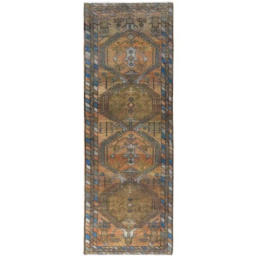 Sunset Colors, Distressed Look Worn Wool Hand Knotted, Vintage Northwest Persian with Large Medallion Sheared Low, Wide Runner Oriental Village 