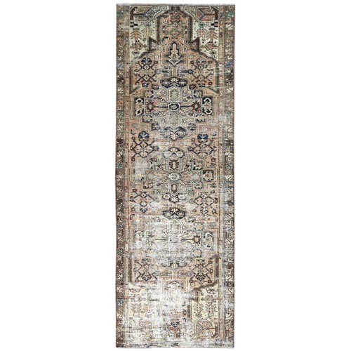 Light Brown, Worn Wool Hand Knotted Vintage Persian Karajeh, Milk Washed with Ersaed Medallion Design Sheared Low Distressed Look, Wide Runner Oriental 