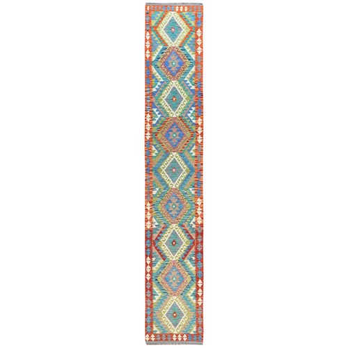Colorful, Afghan Kilim with Geometric Design, Hand Woven, Veggie Dyes, Flat Weave, Reversible, Organic Wool XL Runner Oriental Rug