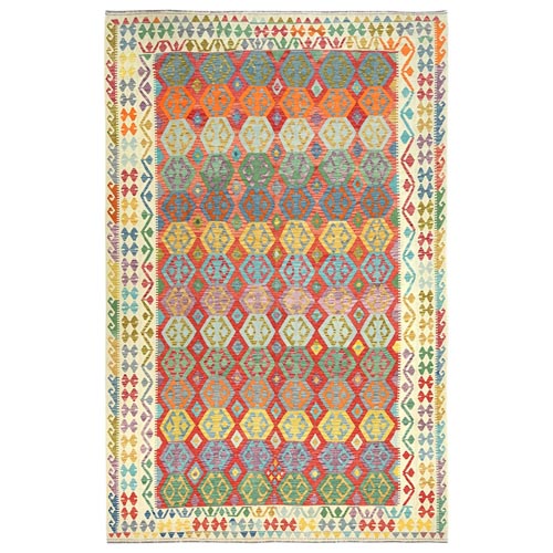 Colorful, Hand Woven Afghan Kilim with Geometric Design, Flat Weave Veggie Dyes Vibrant Wool, Reversible Oversized Oriental 