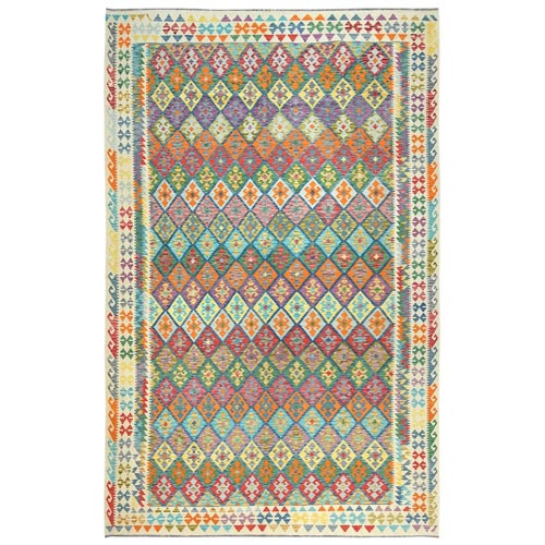 Colorful, Afghan Kilim with Geometric Design Flat Weave, Veggie Dyes Pure Wool Hand Woven, Reversible Oversized Oriental 