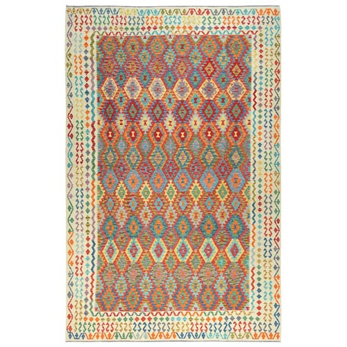 Colorful, Veggie Dyes Organic Wool Hand Woven, Afghan Kilim with Geometric Design Flat Weave, Reversible Oversized Oriental 